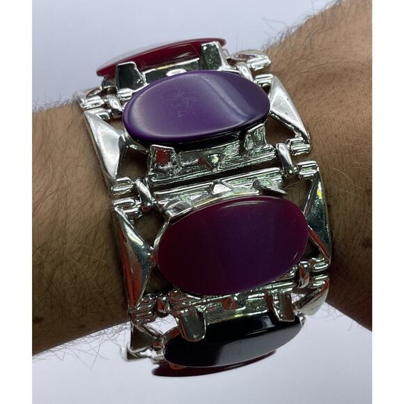 Vtg Bracelet Estate Signed DAM Lucite Chunky Runway Pink Purple 7” Heavy - Picture 12 of 14